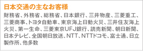 日本交通の主なお客様：財務省、外務省、総務省、日本銀行、三井物産、三菱重工、三菱商事、トヨタ自動車、東京海上日動火災、三井住友海上火災、第一生命、三菱東京UFJ銀行、読売新聞、朝日新聞、日本テレビ、全国朝日放送、NTT、NTTドコモ、富士通、日立製作所、他多数